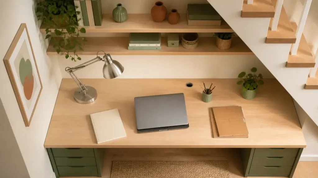 Bureau sous escalier : 50 à 60 cm, 400 lux et rangements fermés pour un poste confortable