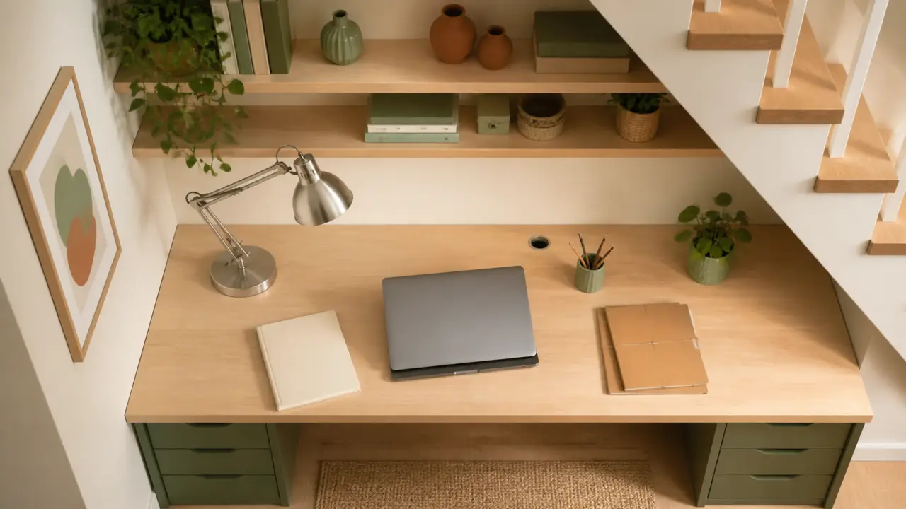 Aménagement bureau sous escalier : bureau 50-60 cm, 400 lux, rangements fermés