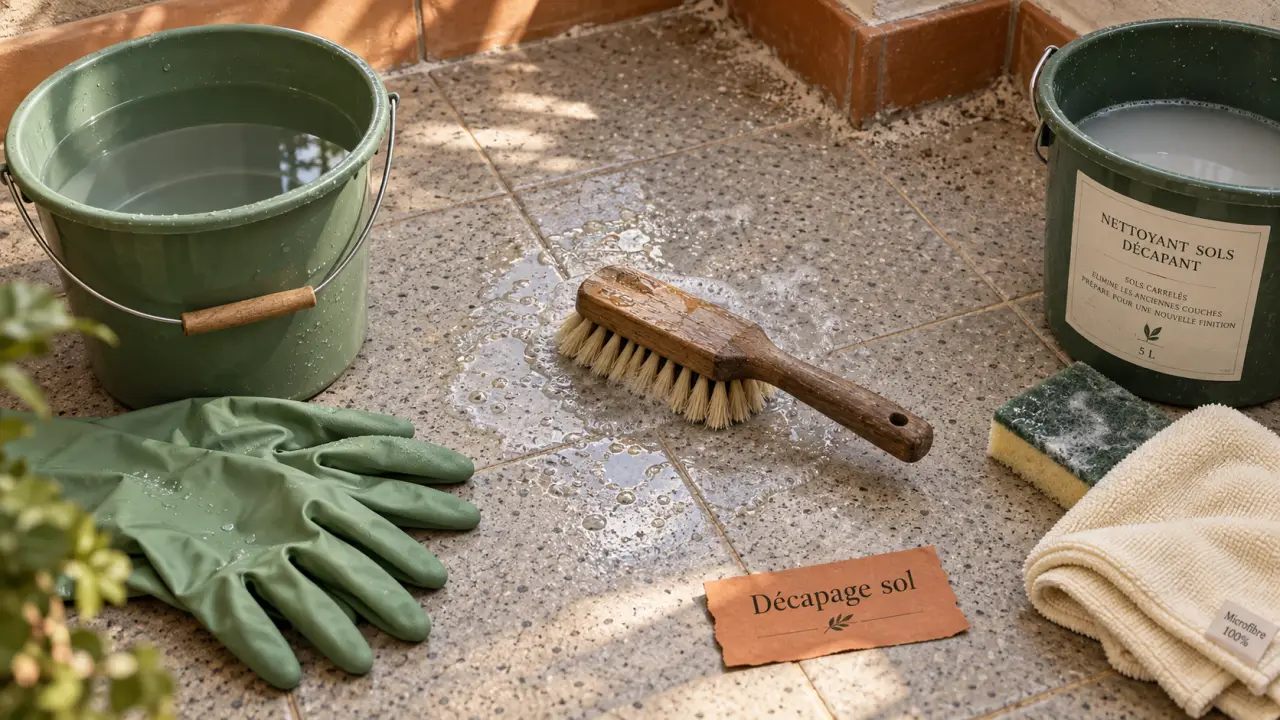 Décapage sol carrelage : brosse sur carrelage et produit transparent