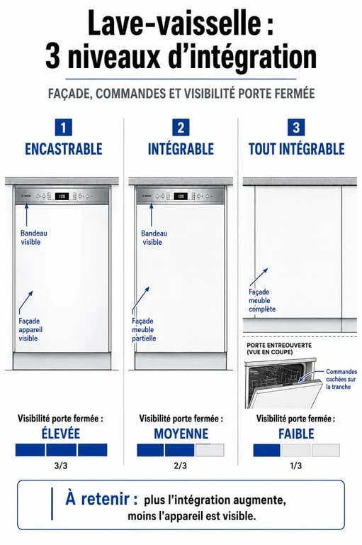 Lave vaisselle intégrable encastrable différence : infographie comparative sur la façade et le bandeau de commande