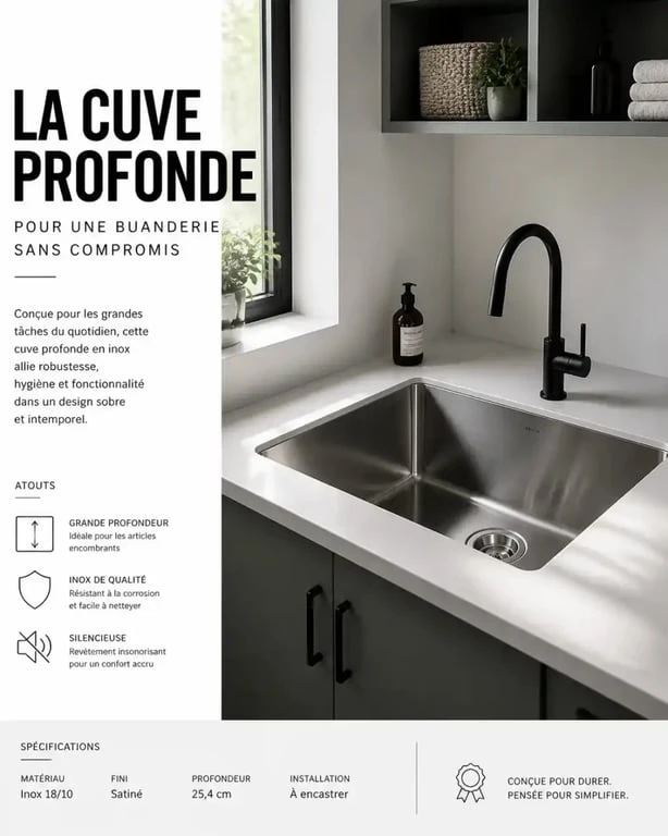 Évier pour buanderie en inox à cuve profonde installé dans une pièce de service