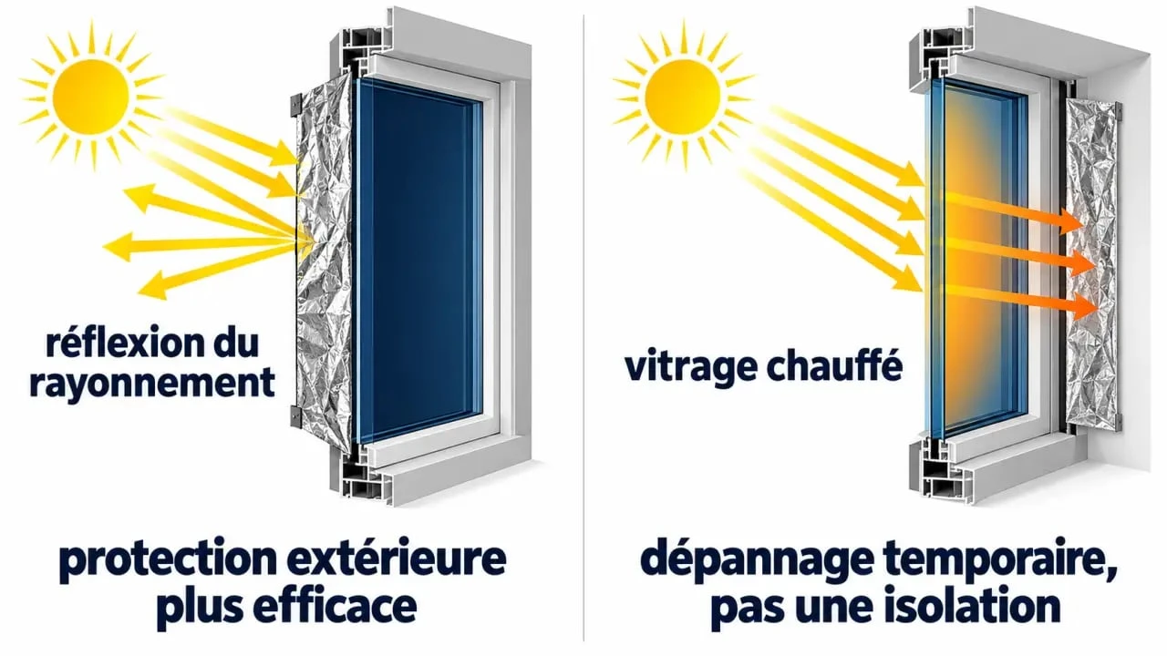 Couverture de survie pour isolation de maison placée devant une fenêtre : réflexion du soleil à l’extérieur et limites de l’isolation intérieure