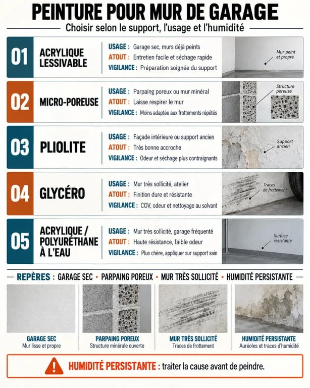 Infographie sur le choix de la peinture pour mur de garage selon le support et l’usage