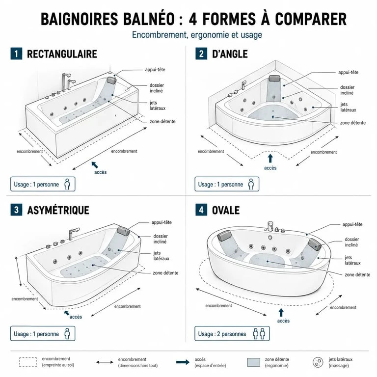 Baignoir balneo : comparaison visuelle des formes rectangulaire, d’angle, asymétrique et ovale