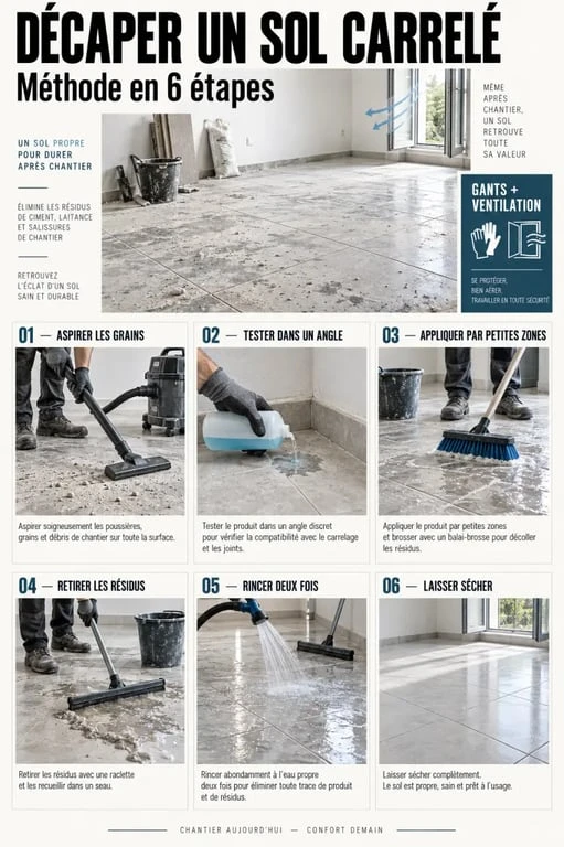 Étapes du décapage sol carrelage avec test du produit, brossage et rinçage
