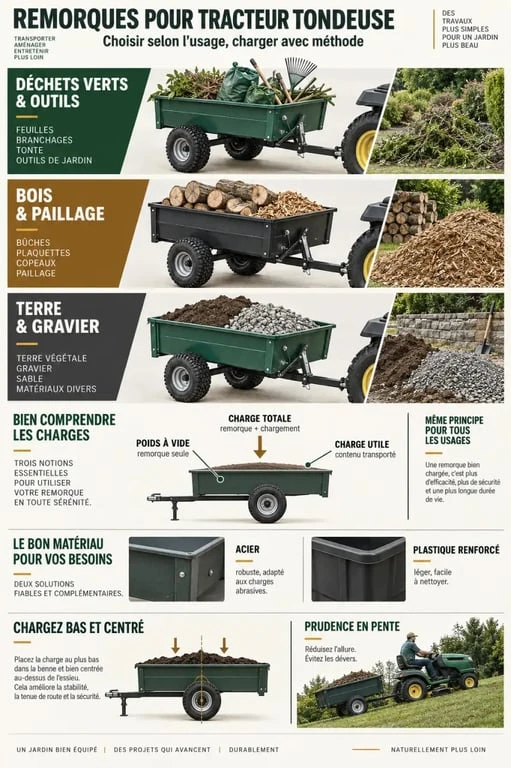 Infographie comparative sur les remorques tracteur tondeuse, leur charge utile, leurs roues et leurs usages