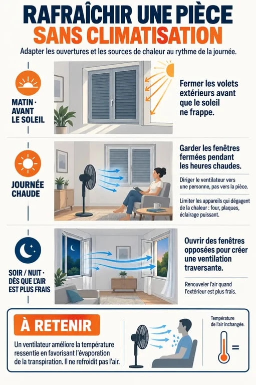 Infographie pour rafraîchir une pièce sans climatisation avec volets, aération nocturne et ventilateur