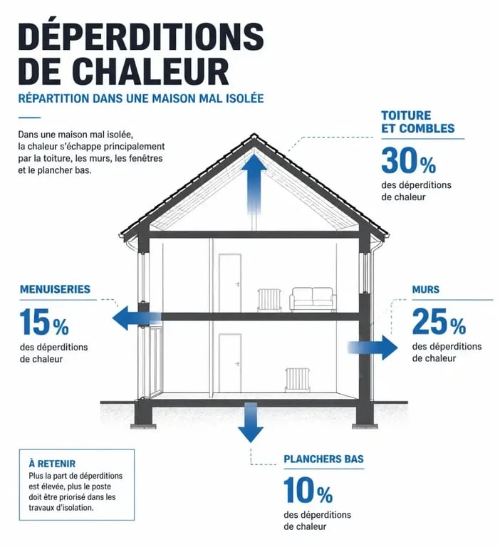 Infographie des déperditions thermiques d'une maison classée F au DPE avant travaux