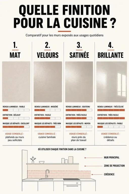 Comparatif des finitions de peinture pour mur cuisine : mat, velours, satinée et brillante