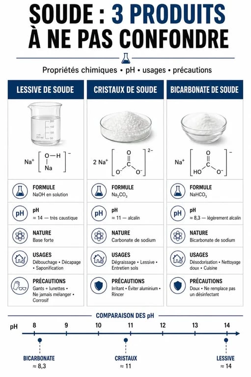 Comparatif des différences entre lessive de soude, cristaux de soude et bicarbonate de soude
