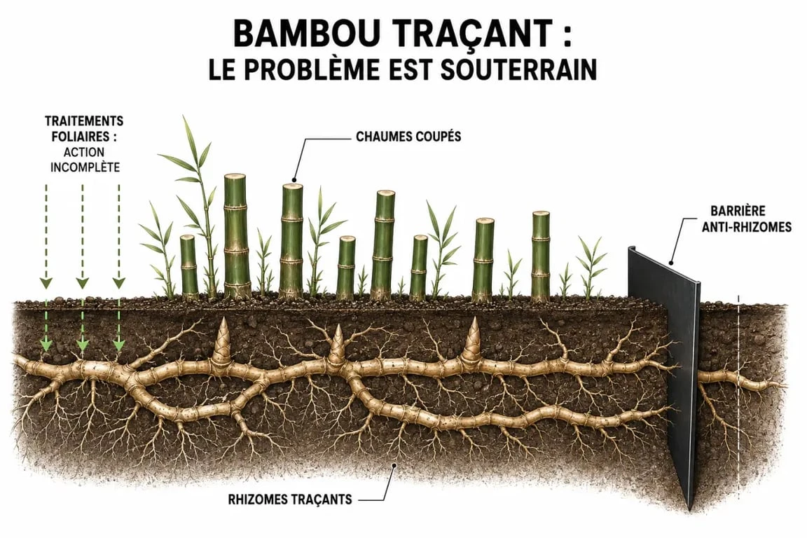 herbicide bambou : schéma du réseau de rhizomes et des coupes répétées
