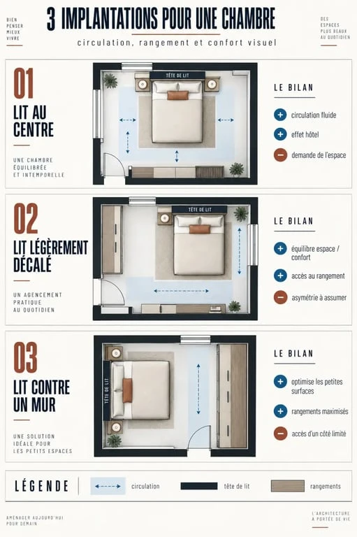 Infographie comparant les configurations d’un lit milieu de chambre, décalé ou contre un mur