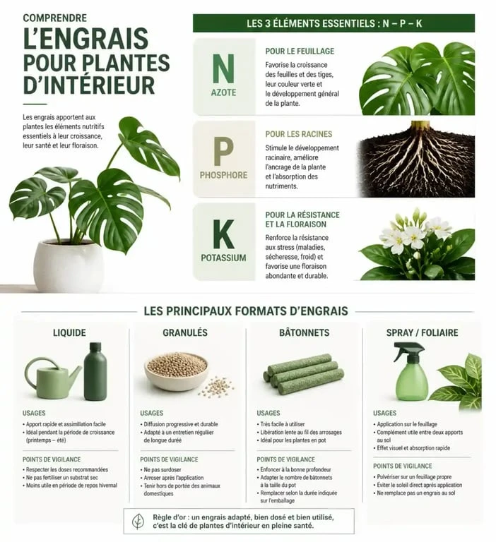 Infographie sur l'engrais plantes d'intérieur et les éléments N-P-K