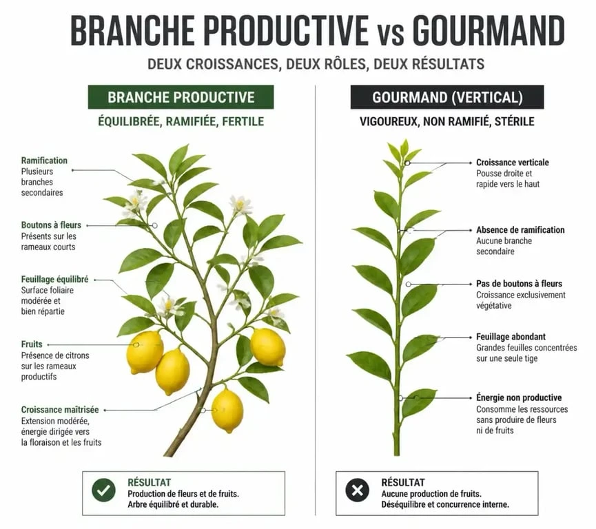 Différence visuelle entre un gourmand et une branche productive sur un citronnier