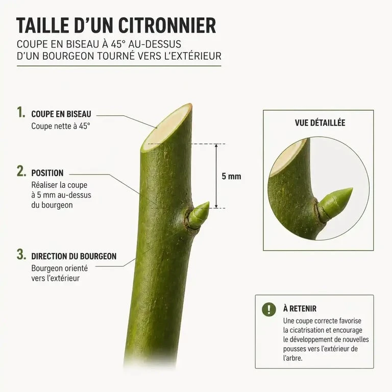 Schéma illustrant la coupe en biseau pour la taille d'un citronnier 4 saisons