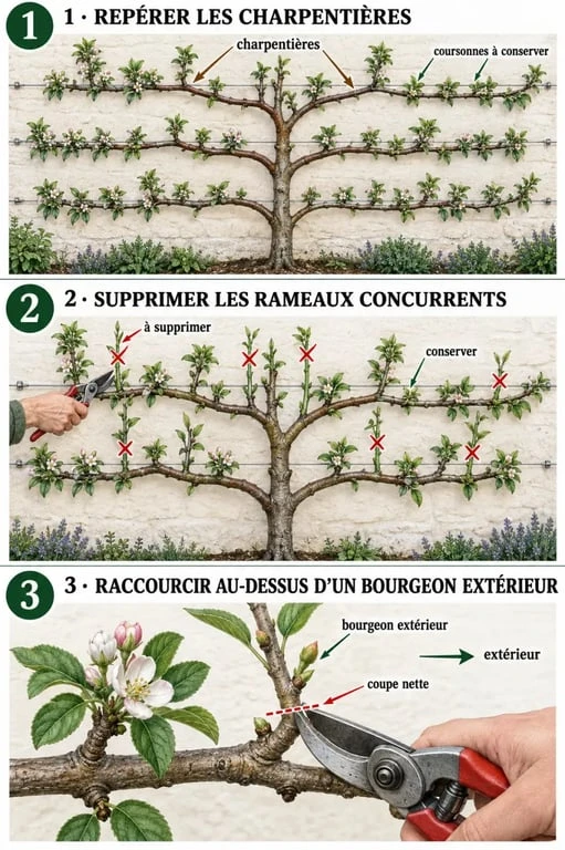 Illustration de la taille d’un pommier en espalier étape par étape