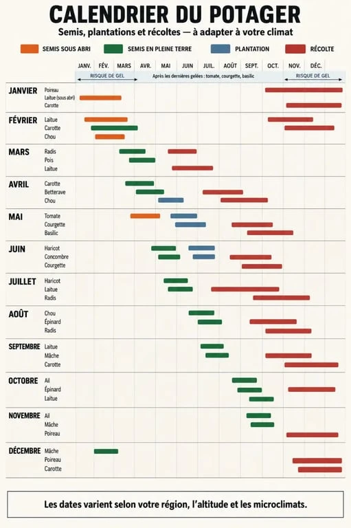 Calendrier du potager mois par mois avec périodes de semis, plantations et récoltes
