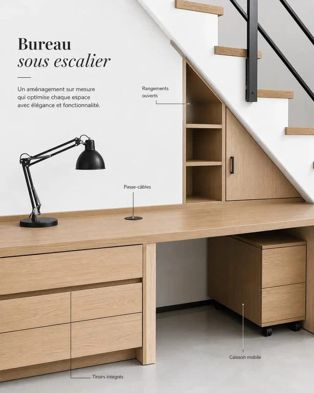 Aménagement bureau sous escalier avec tiroirs, passe-câbles et lampe articulée