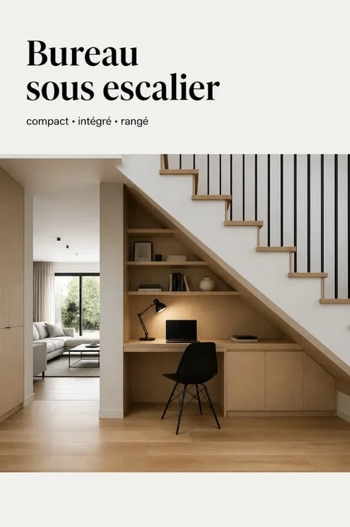 Aménagement bureau sous escalier dans un salon avec rangements intégrés et lumière douce