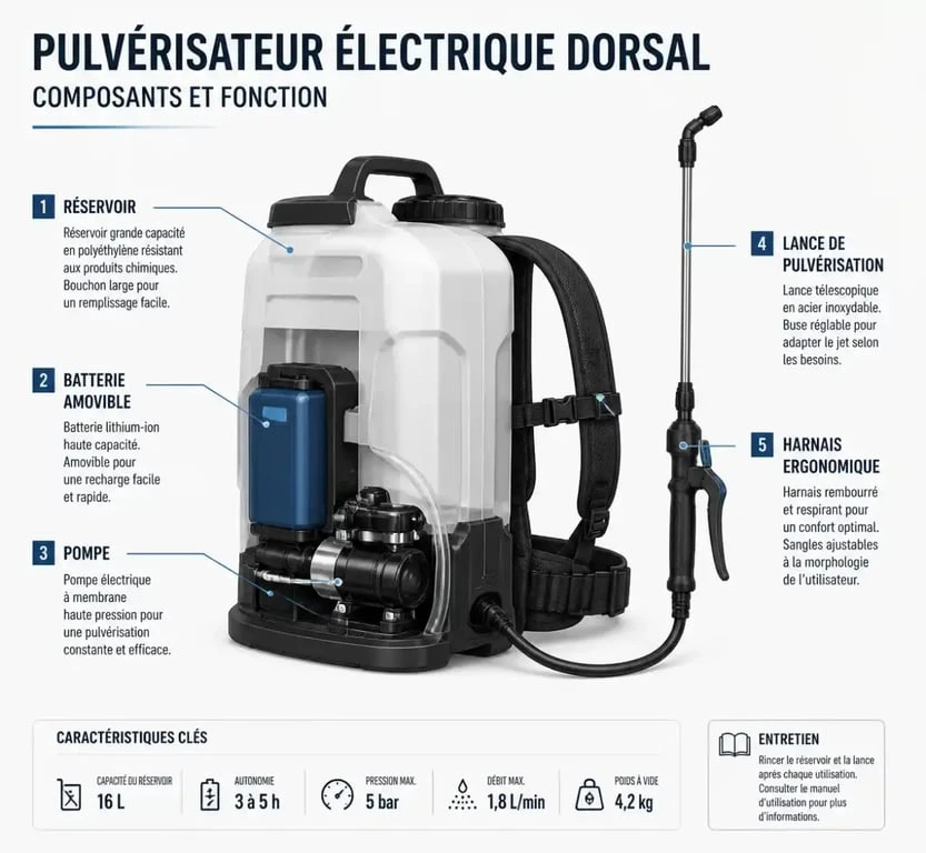 Schéma des composants d'un pulvérisateur électrique pour le jardin et la toiture