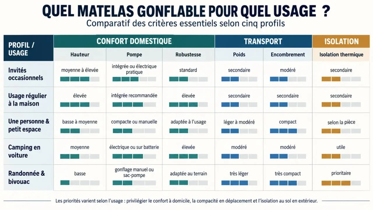 Infographie comparative pour choisir le matelas gonflable meilleur selon l’usage