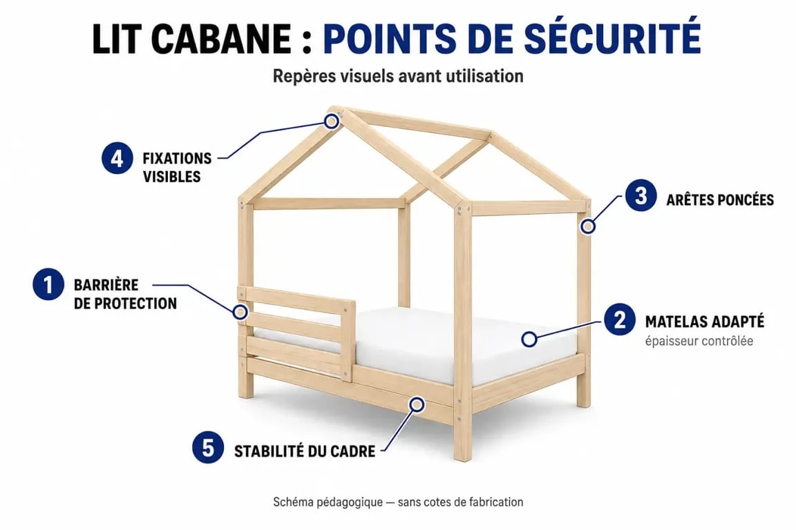 Plan pour lit cabane : repères de sécurité et hauteur de barrière