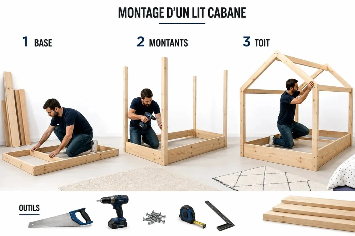 Plan pour lit cabane : assemblage d’un lit cabane en bois dans une chambre d’enfant