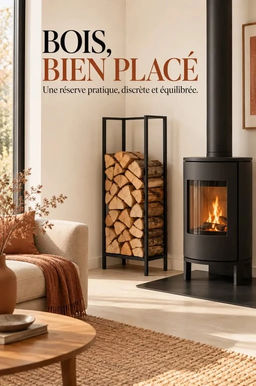 Rangement bois intérieur vertical près d’un poêle dans un salon