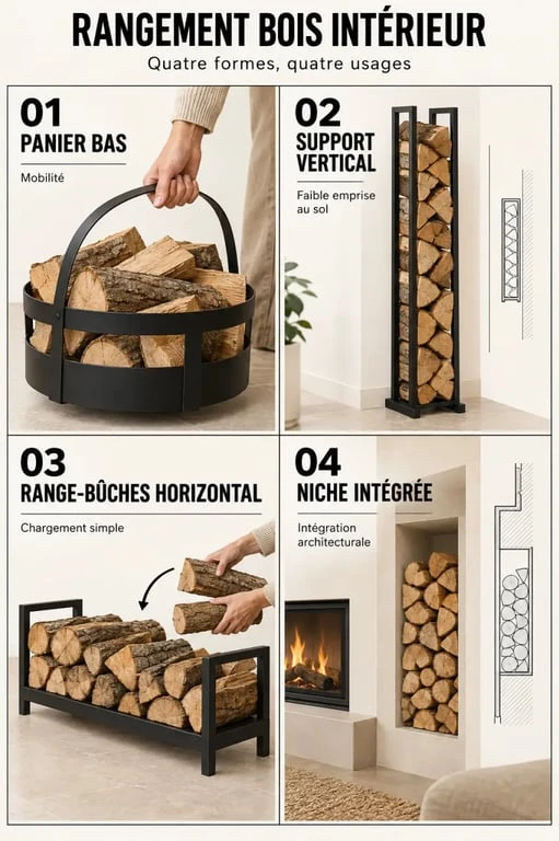 Infographie des formes de rangement bois intérieur selon l’espace et la quantité de bûches