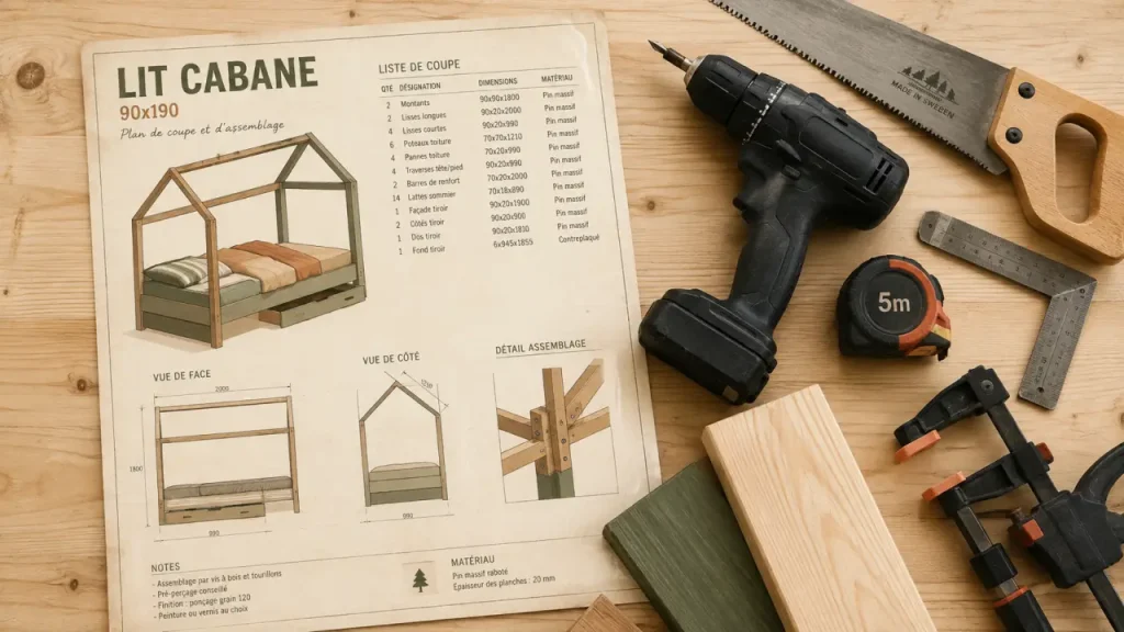 Plan pour lit cabane : dimensions, barrières et vis traversantes pour un montage sûr