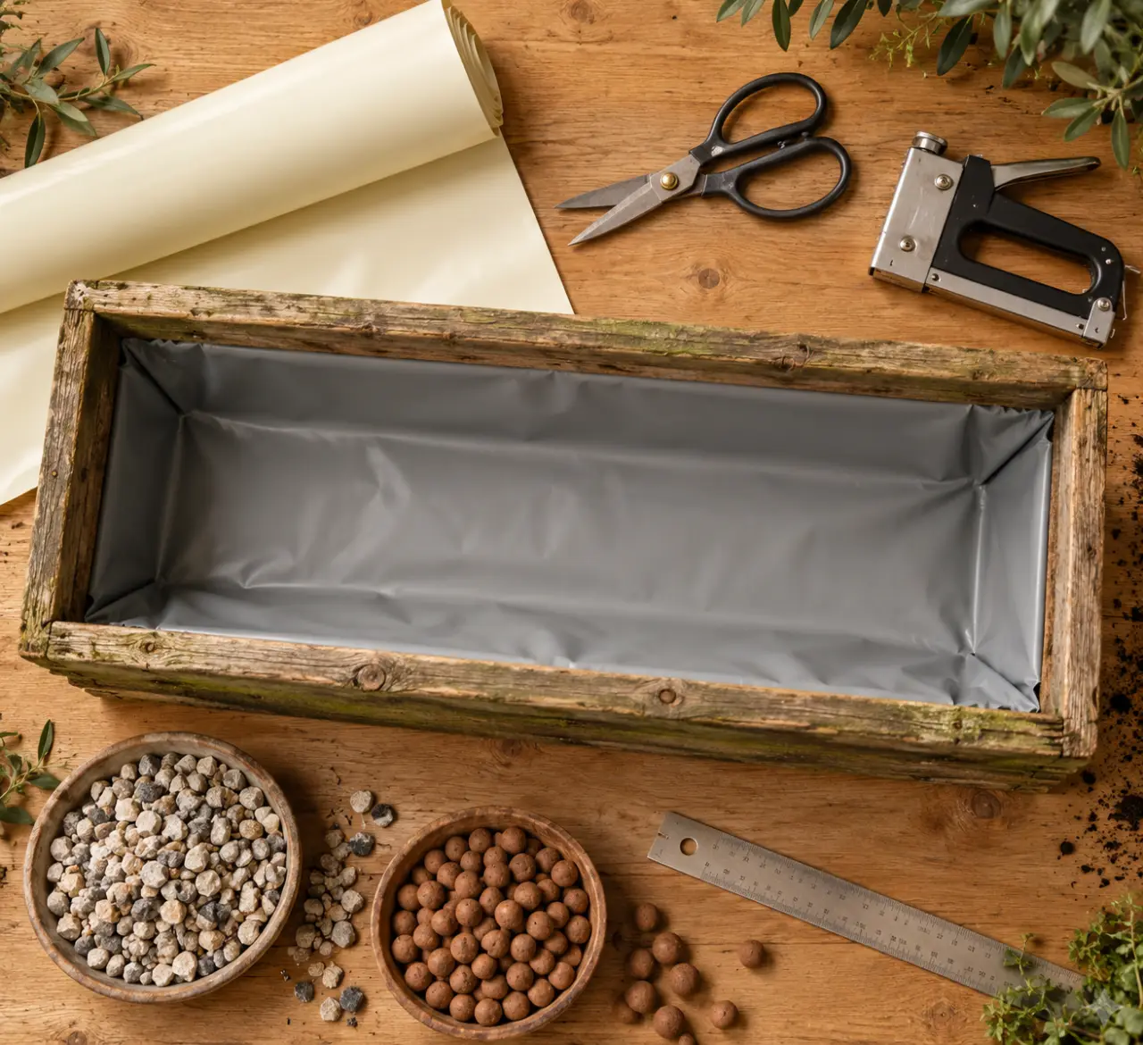 Bache jardiniere posée pour protéger le bois, liner anti-humidité