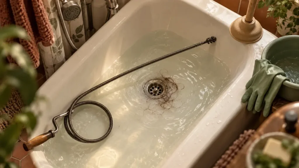 Bouchon de cheveux dans la baignoire : les gestes qui l’aggravent et l’ordre à suivre
