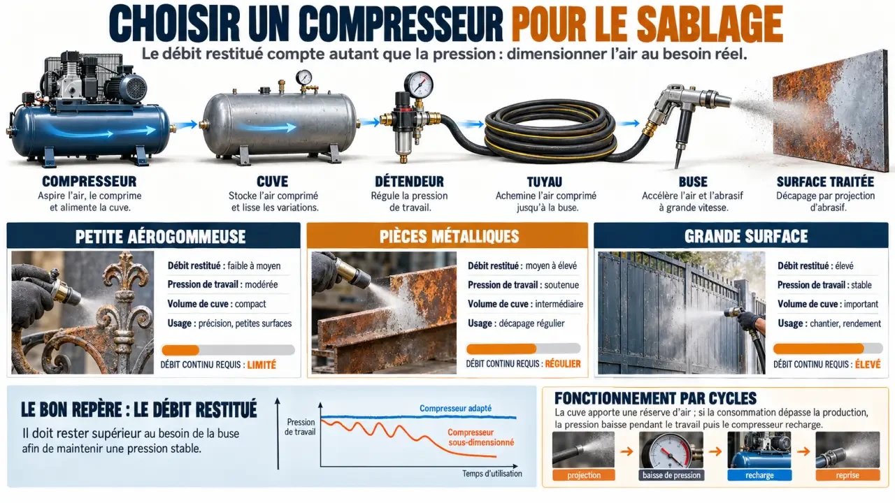 Infographie sur quel compresseur pour sablage avec débit, pression, cuve et buse