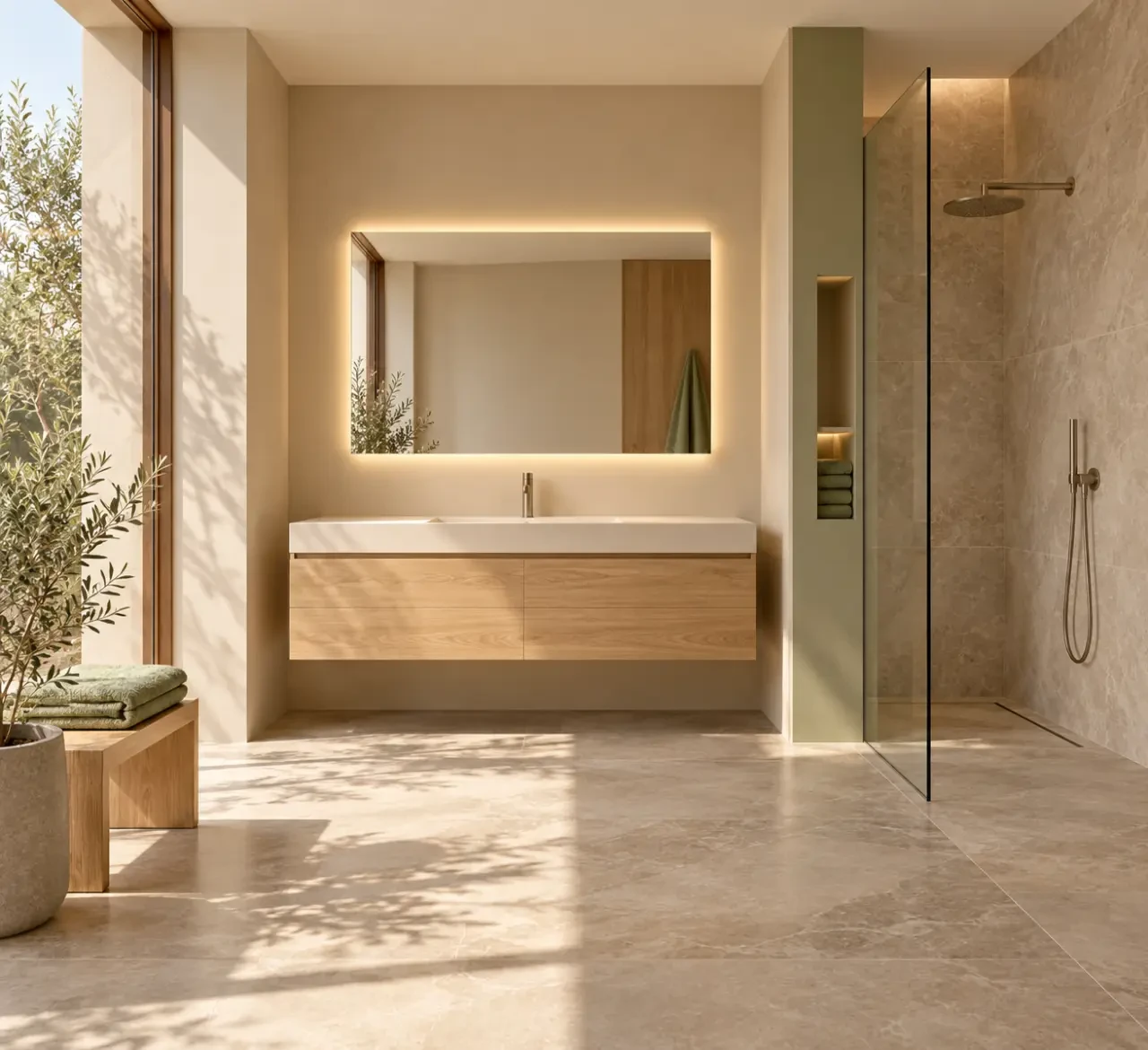 Idée rénovation salle de bains apaisante avec bois clair, beige et vert sauge