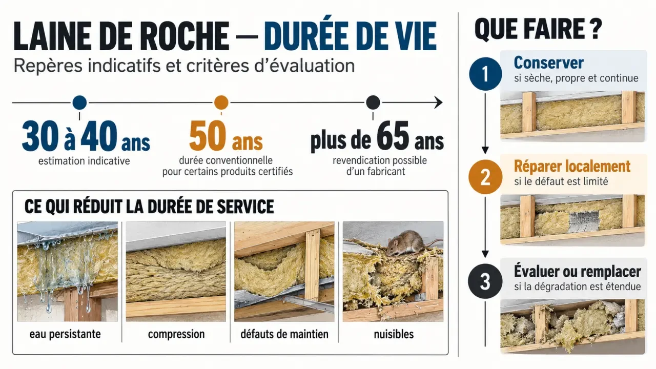 Infographie sur la laine de roche durée de vie, ses repères de longévité et les facteurs de dégradation