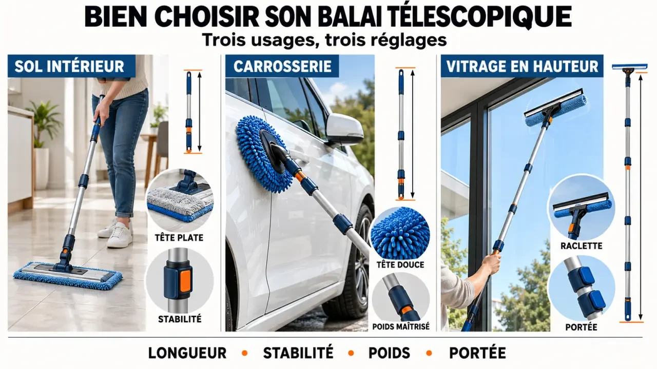 Balai à manche télescopique adapté au sol, à la voiture et aux vitres en hauteur