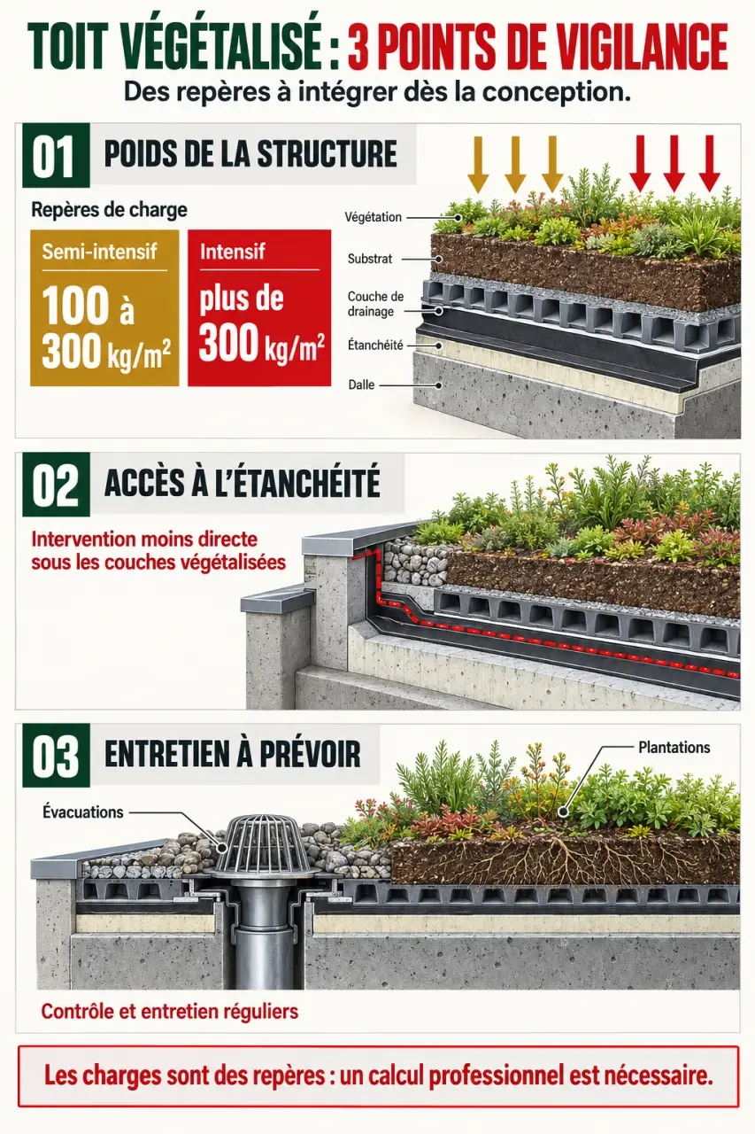 Infographie sur les principaux inconvénients d’un toit végétalisé : poids, étanchéité et entretien