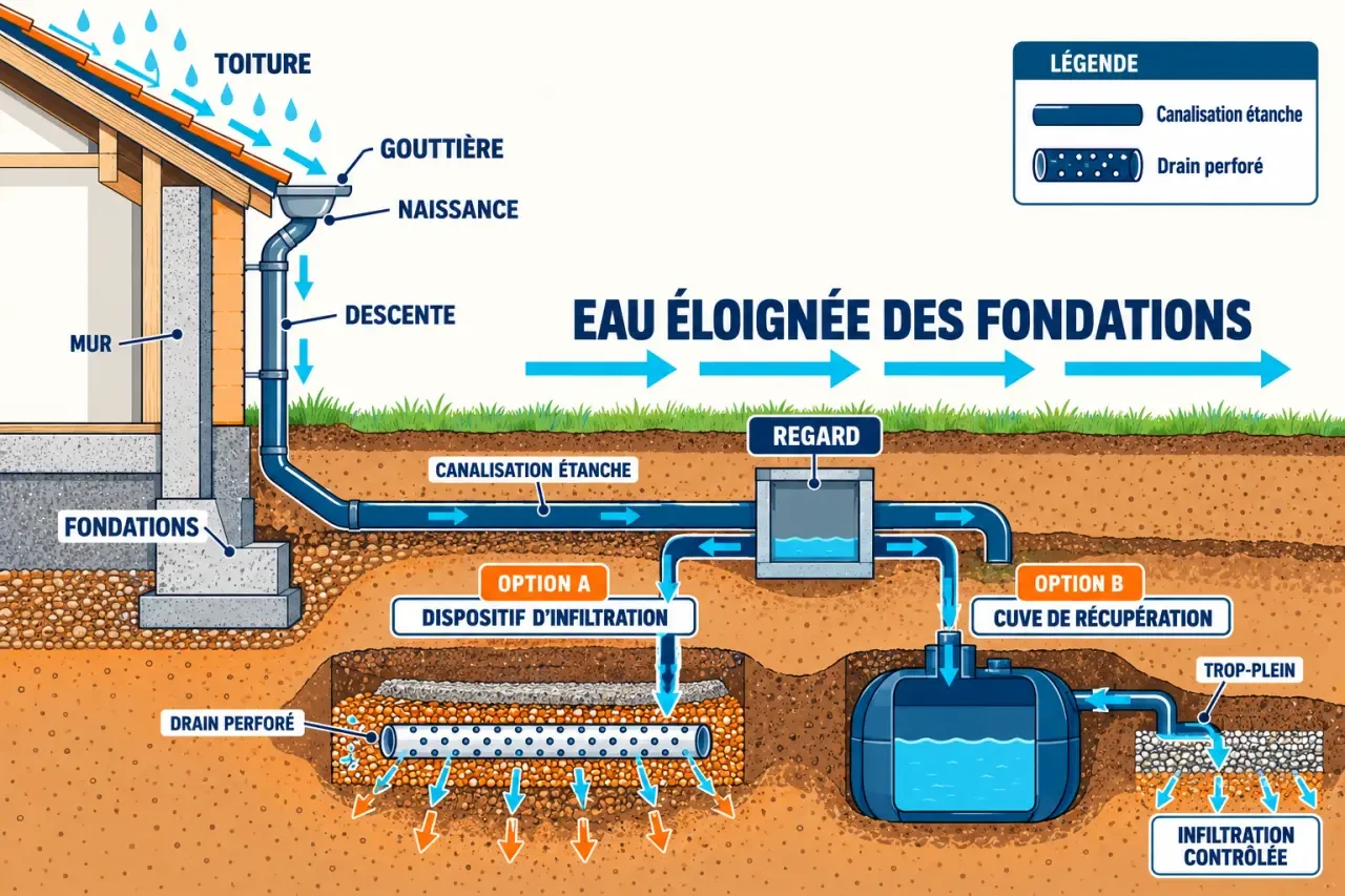 Schéma du drainage eau de pluie gouttière de la toiture jusqu’à l’évacuation