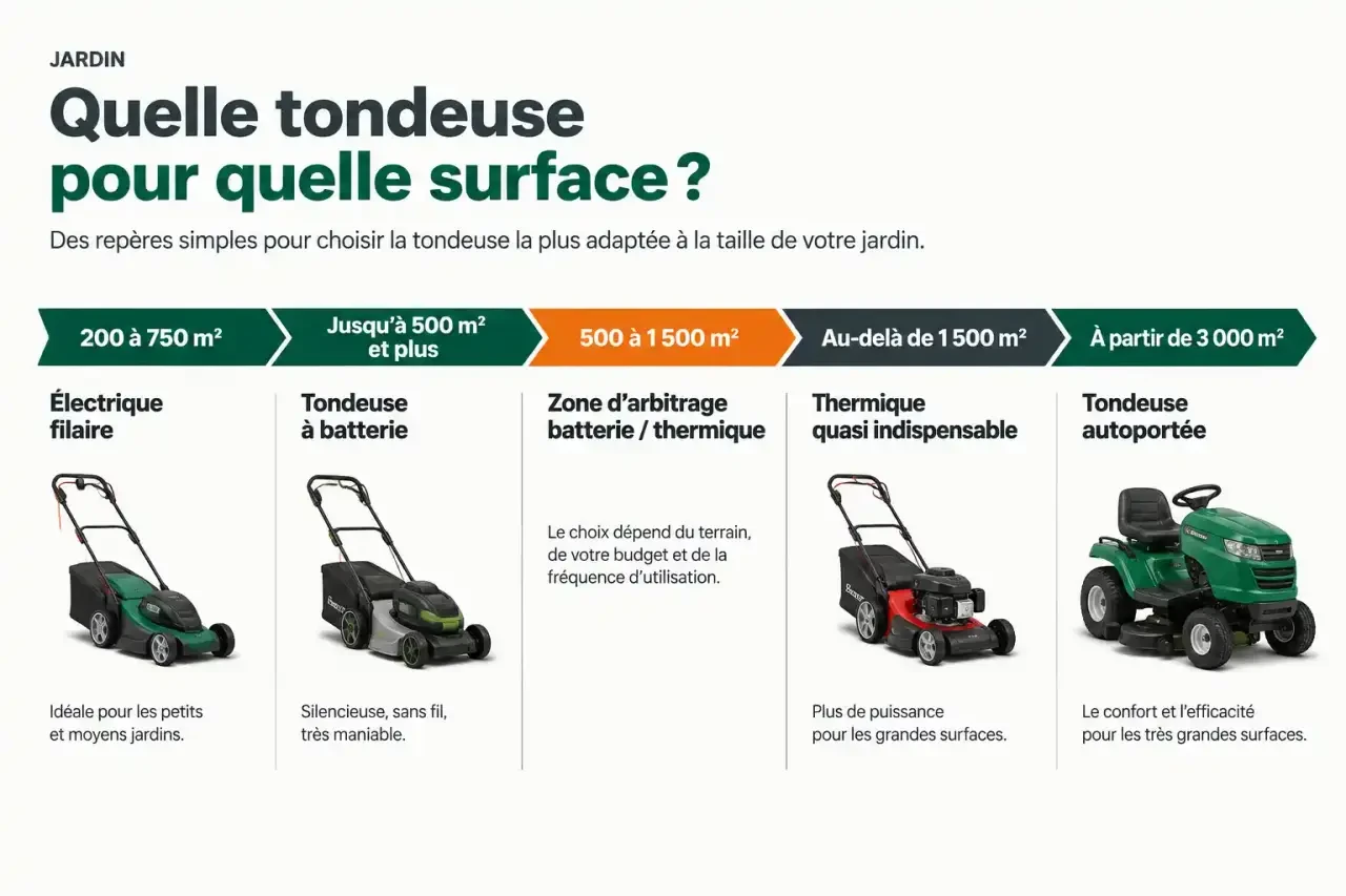 Seuils de surface pour choisir entre une tondeuse thermique ou électrique : filaire, batterie, thermique et autoportée