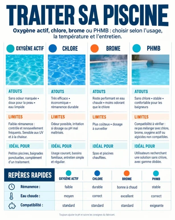 Infographie oxygene actif piscine comparé au chlore, au brome et au PHMB