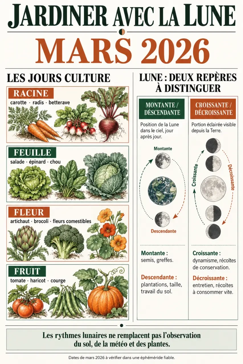 Jardiner avec la lune mars 2026 : repères entre jours racine, feuille, fleur et fruit