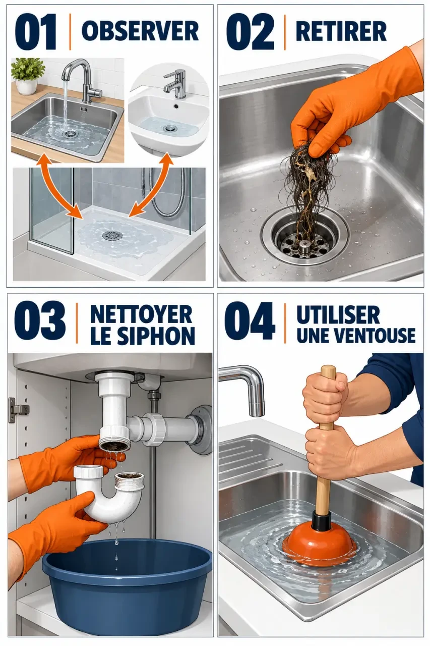 Illustration des étapes pour déboucher une canalisation bouchée et nettoyer un siphon