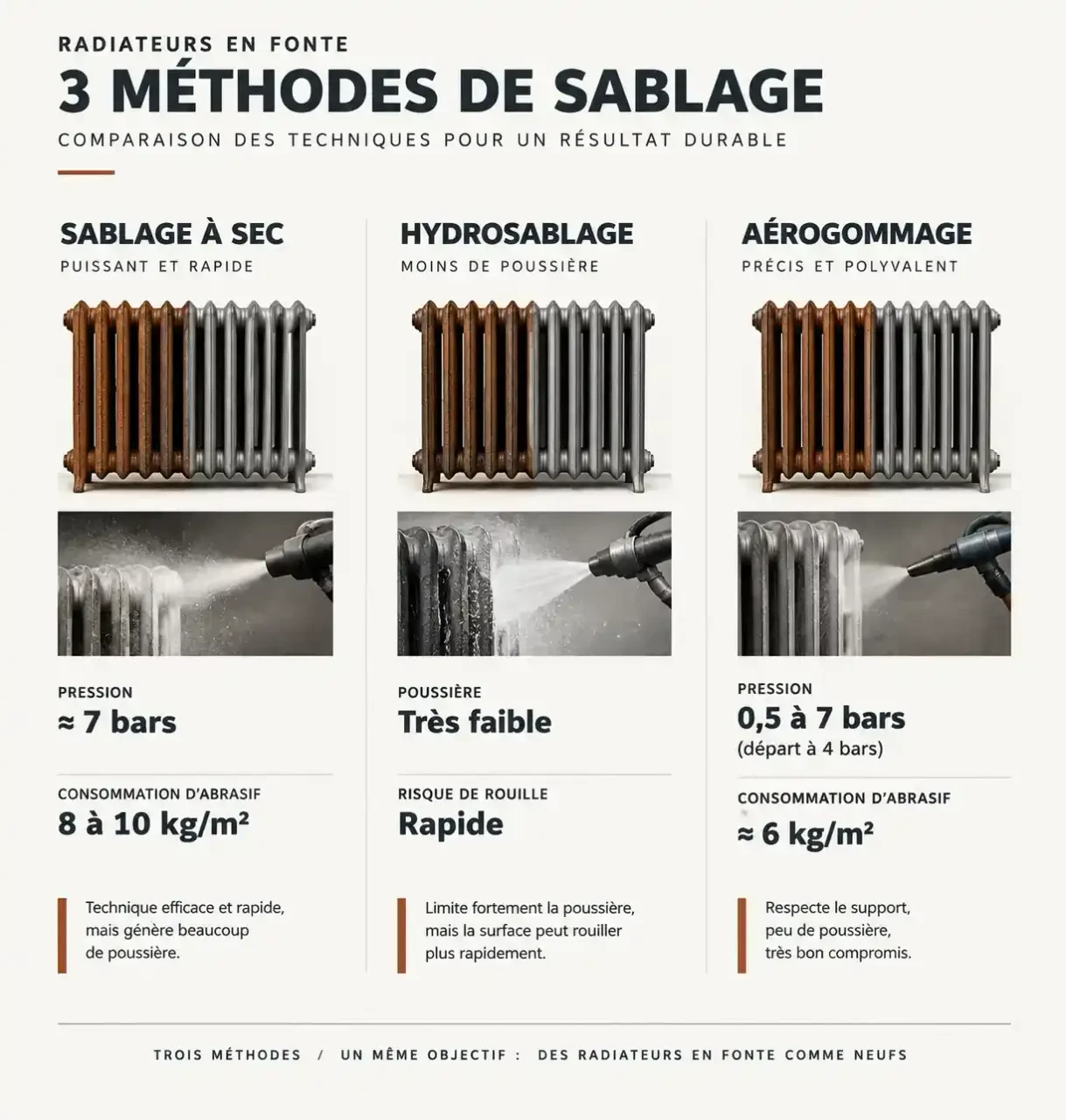 Comparatif des méthodes pour sabler des radiateurs : sablage à sec, hydrosablage et aérogommage, avec pression et consommation d'abrasif
