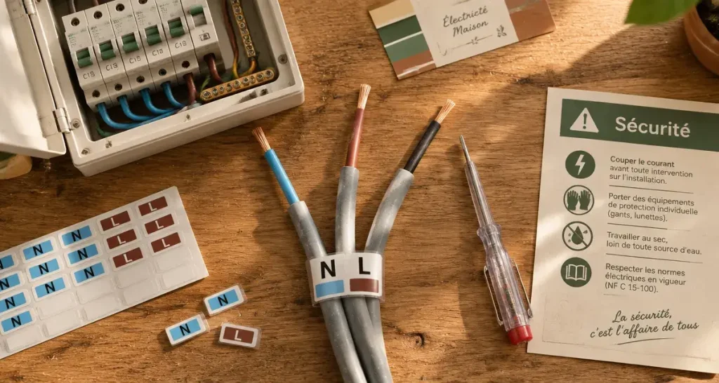 La phase est rouge, marron ou noire, mais les anciennes installations exigent un contrôle