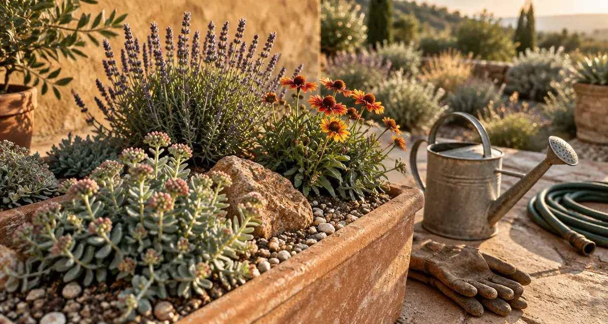 Plantes résistantes à la sécheresse : lavande, gaillarde et sedum en plein soleil sur terrasse sèche
