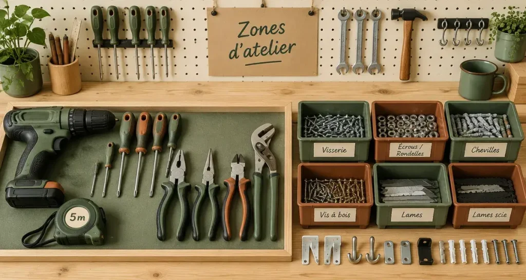 Rangement atelier : répartissez les outils entre mur, établi et meubles verrouillables